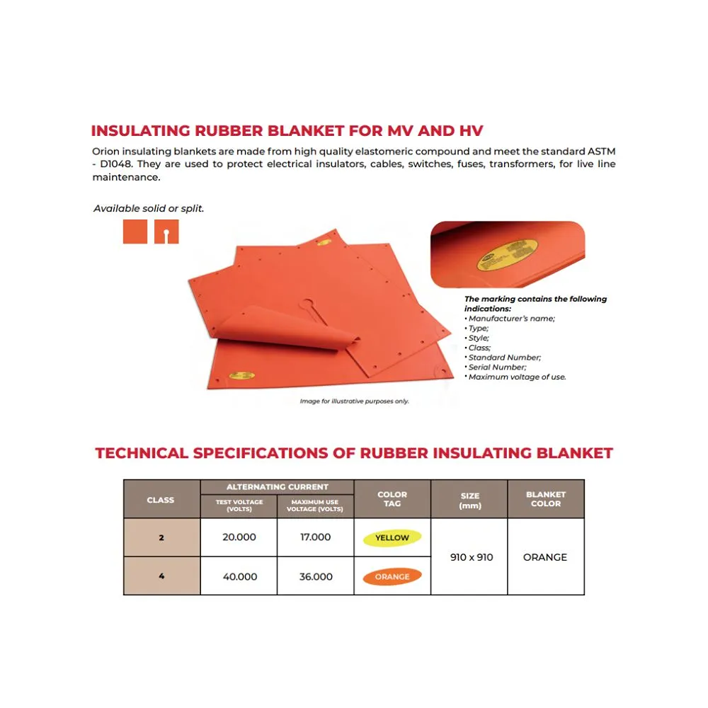 Orion Insulating Rubber Blanket for MV and HV - Technical Specifications